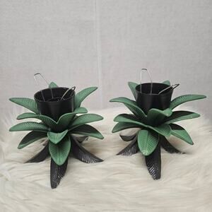 Vintage Style Metal Palm Tree Candle Holders Set of 2 Green Tropical Decor